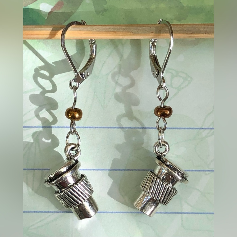 Handcrafted Coffee/ Tea Cup Earrings, Dangle Silver-tone